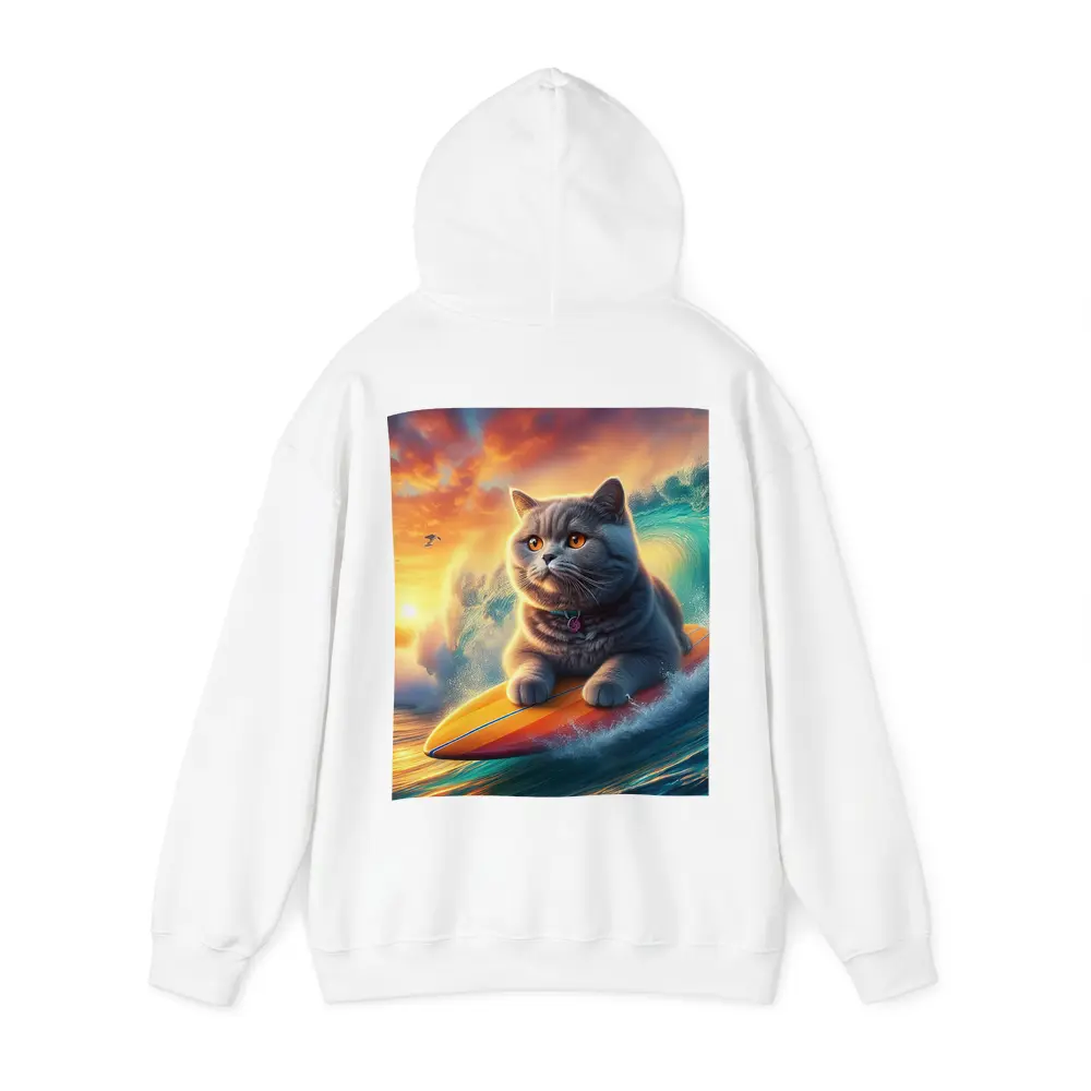 British Shorthair Cat Surfing Ocean Sunset Waves – Hoodies