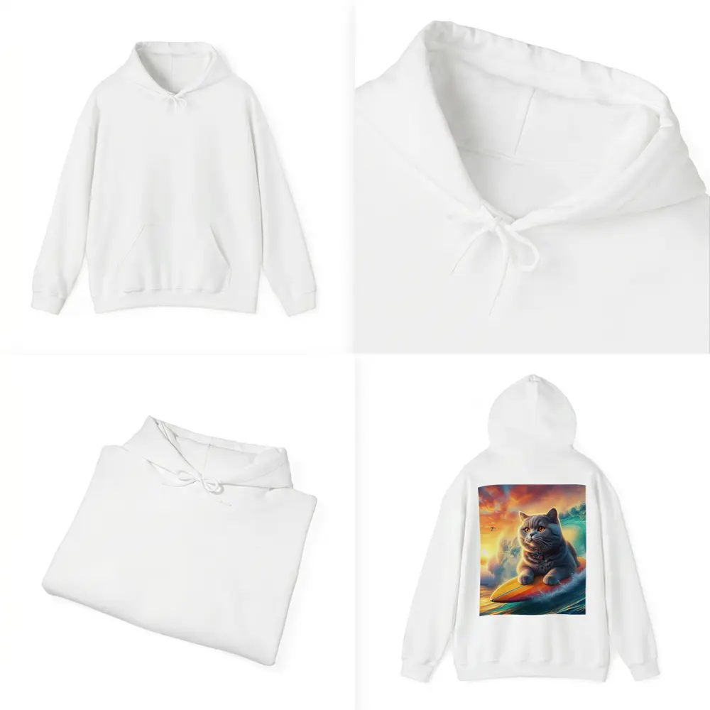 British Shorthair Cat Surfing Ocean Sunset Waves – Hoodies