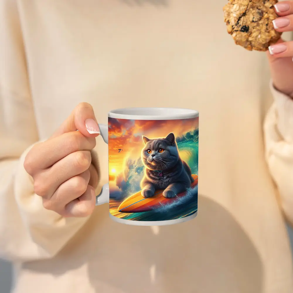 British Shorthair Cat Surfing Ocean Sunset Waves – Mugs