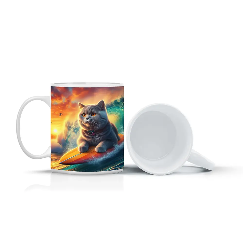 British Shorthair Cat Surfing Ocean Sunset Waves – Mugs