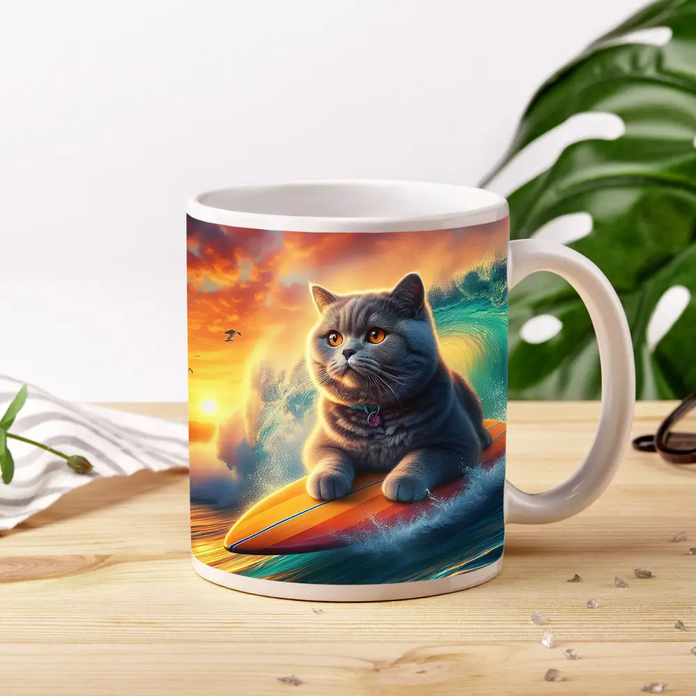 British Shorthair Cat Surfing Ocean Sunset Waves – Mugs