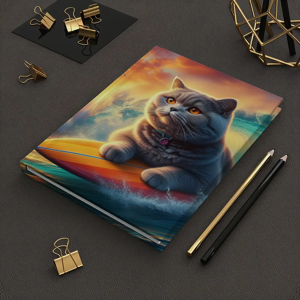 British Shorthair Cat Surfing Ocean Sunset Waves – Notebooks