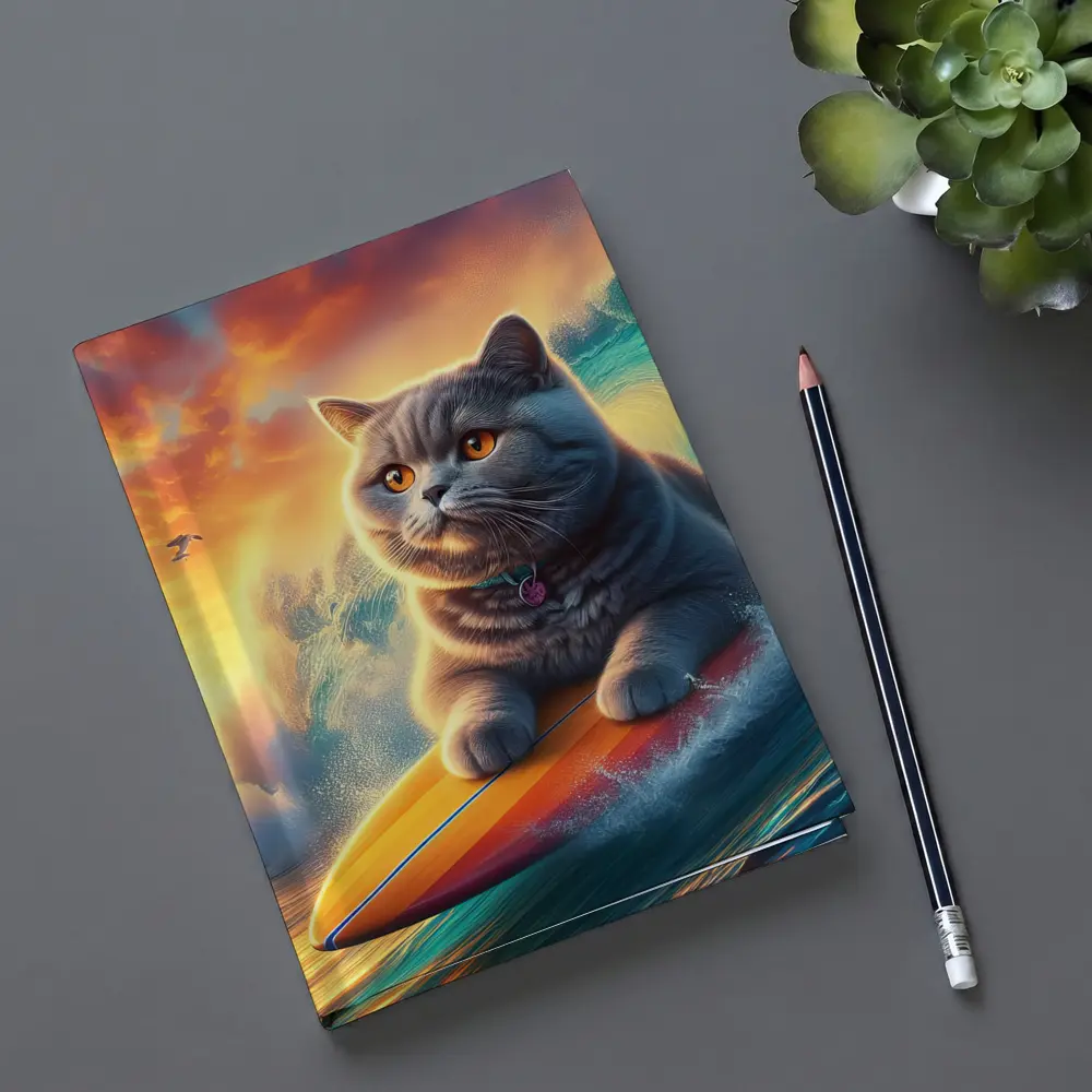 British Shorthair Cat Surfing Ocean Sunset Waves – Notebooks