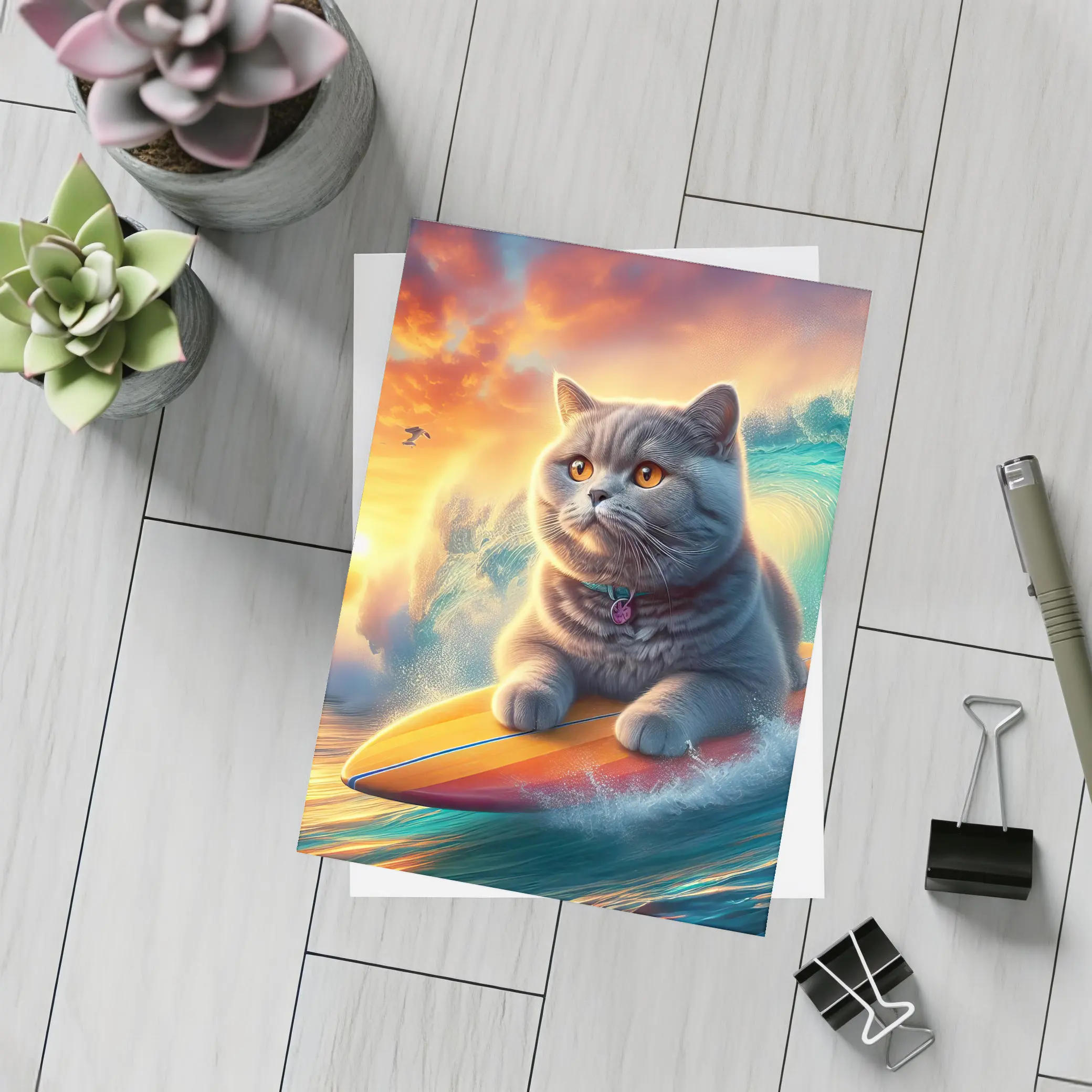 British Shorthair Cat Surfing Ocean Sunset Waves – Postcards