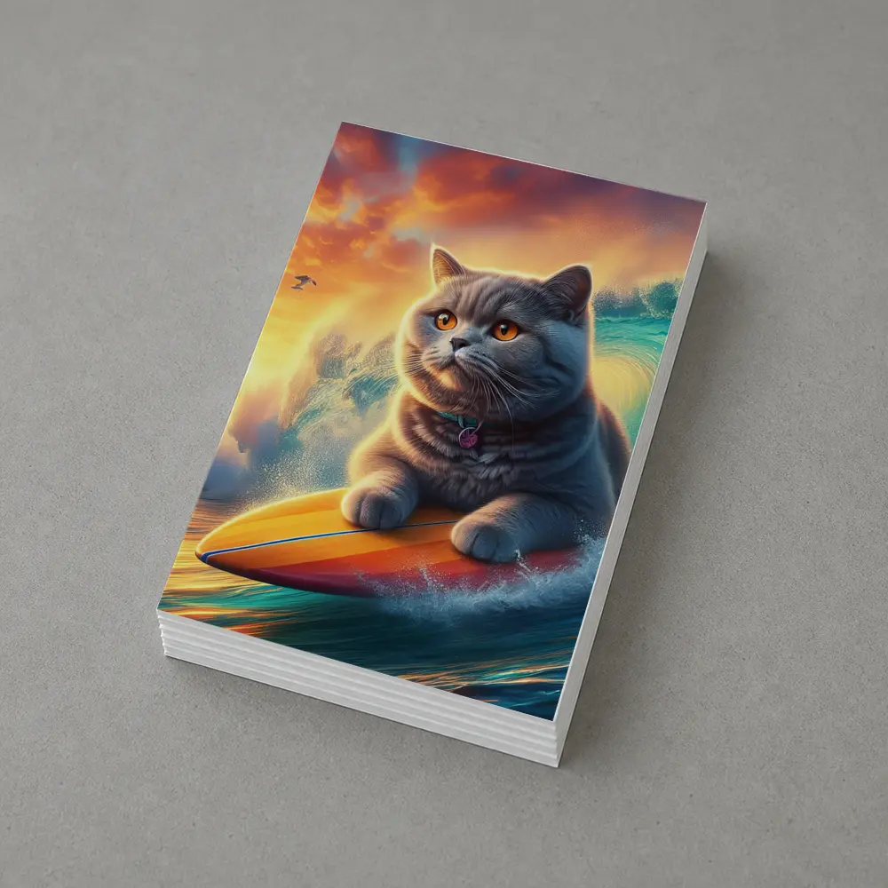 British Shorthair Cat Surfing Ocean Sunset Waves – Postcards