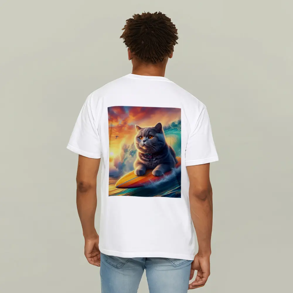 British Shorthair Cat Surfing Ocean Sunset Waves – T-Shirts