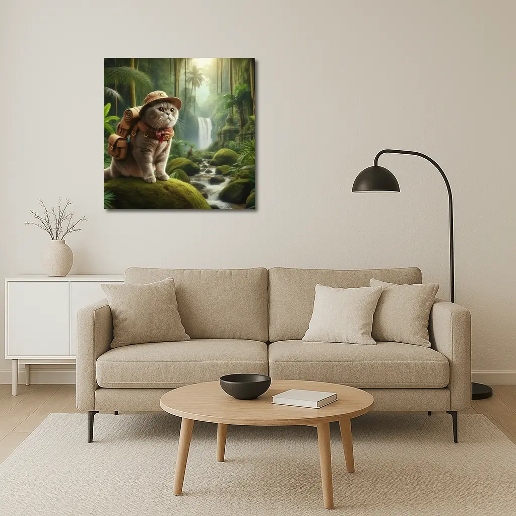 Scottish Fold Cat Explorer Jungle Waterfall – Wall Art