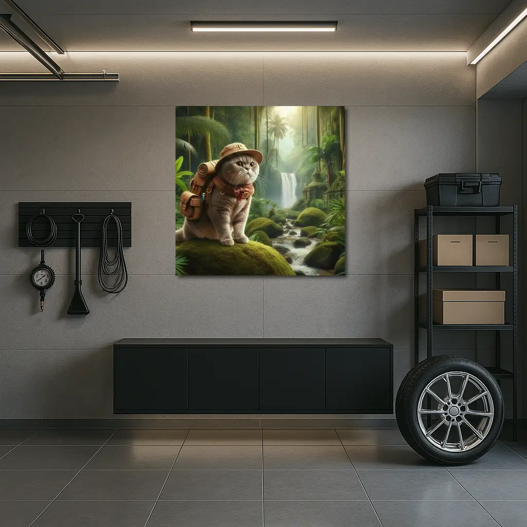 Scottish Fold Cat Explorer Jungle Waterfall – Wall Art