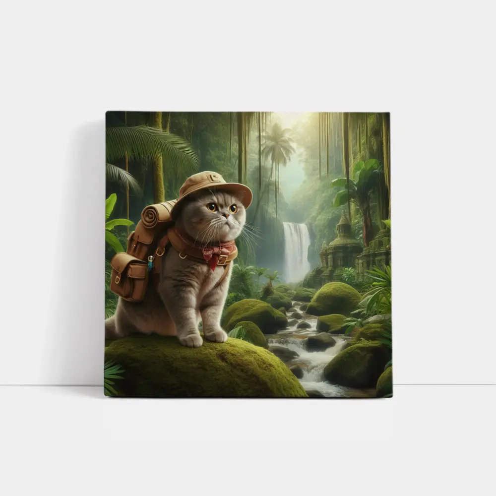 Scottish Fold Cat Explorer Jungle Waterfall – Wall Art