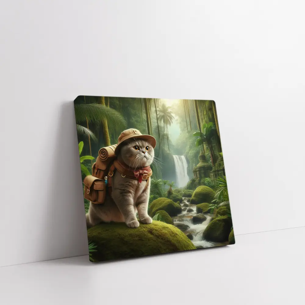 Scottish Fold Cat Explorer Jungle Waterfall – Wall Art
