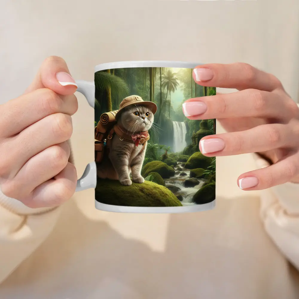 Scottish Fold Cat Explorer Jungle Waterfall – Mugs