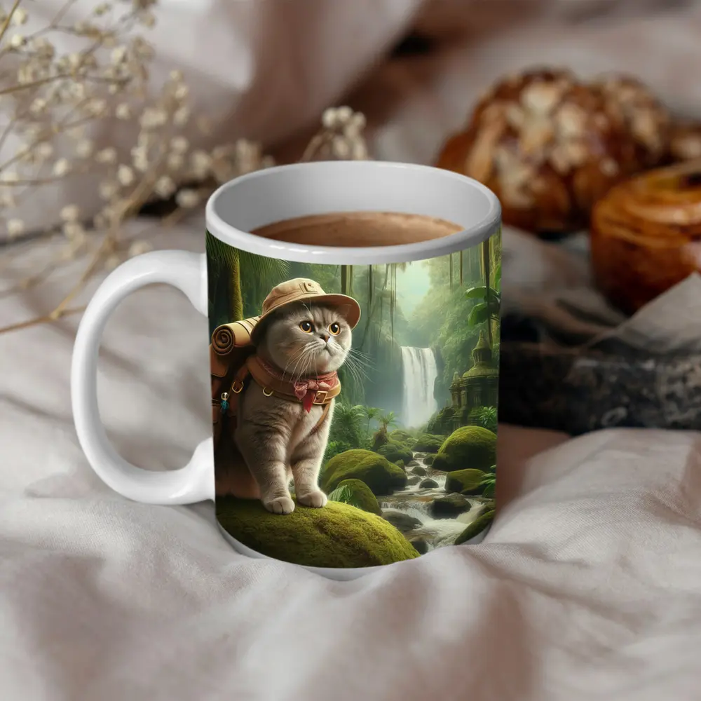 Scottish Fold Cat Explorer Jungle Waterfall – Mugs