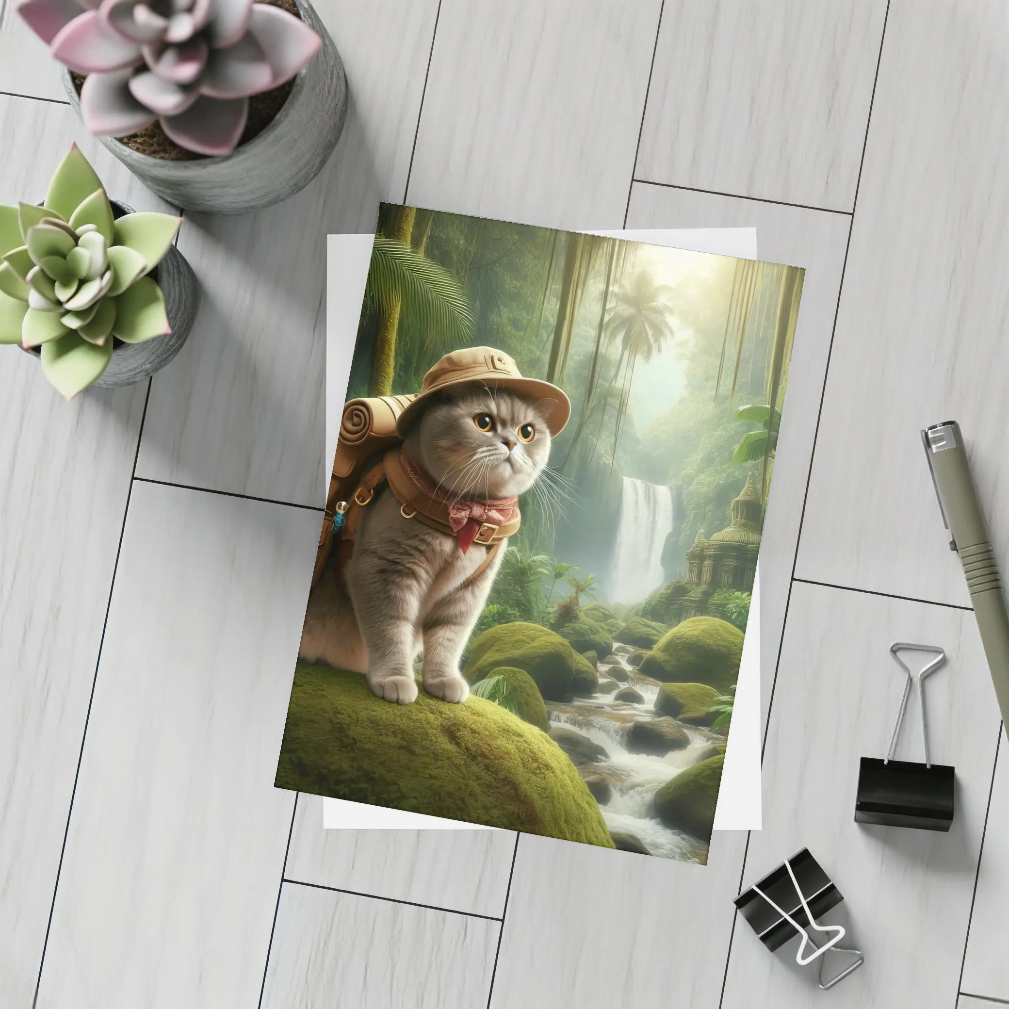 Scottish Fold Cat Explorer Jungle Waterfall – Postcards