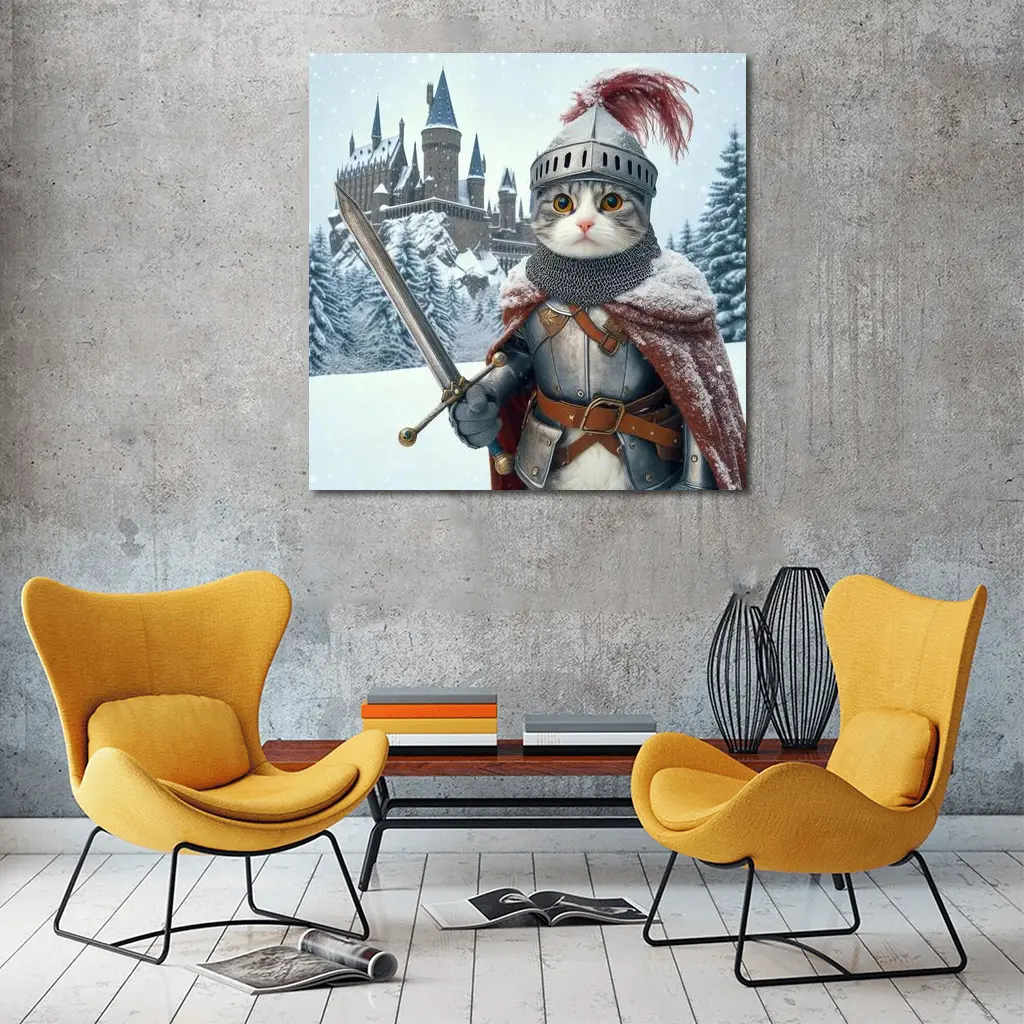 Knight Cat In Armor Winter Castle – Wall Art
