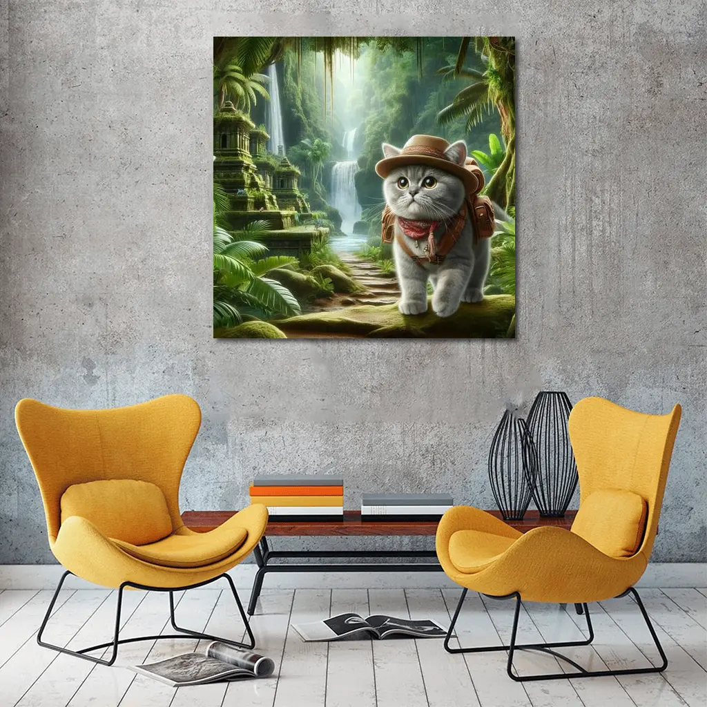 Gray Cat Explorer Jungle Waterfall Adventure – Wall Art