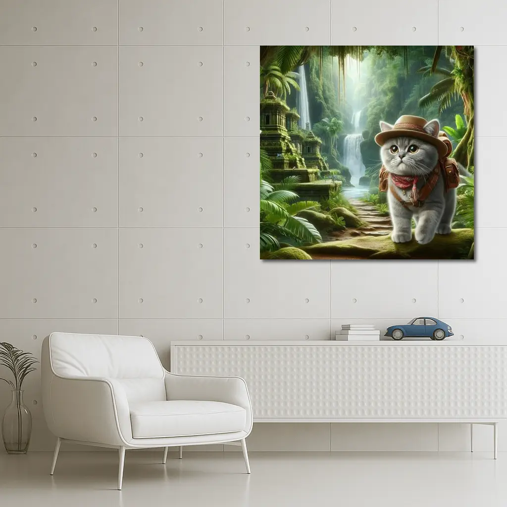 Gray Cat Explorer Jungle Waterfall Adventure – Wall Art