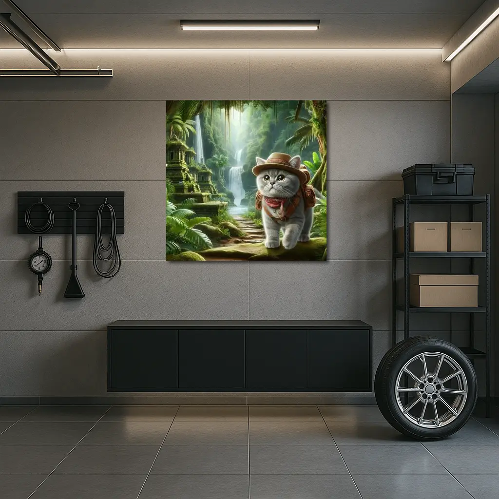 Gray Cat Explorer Jungle Waterfall Adventure – Wall Art