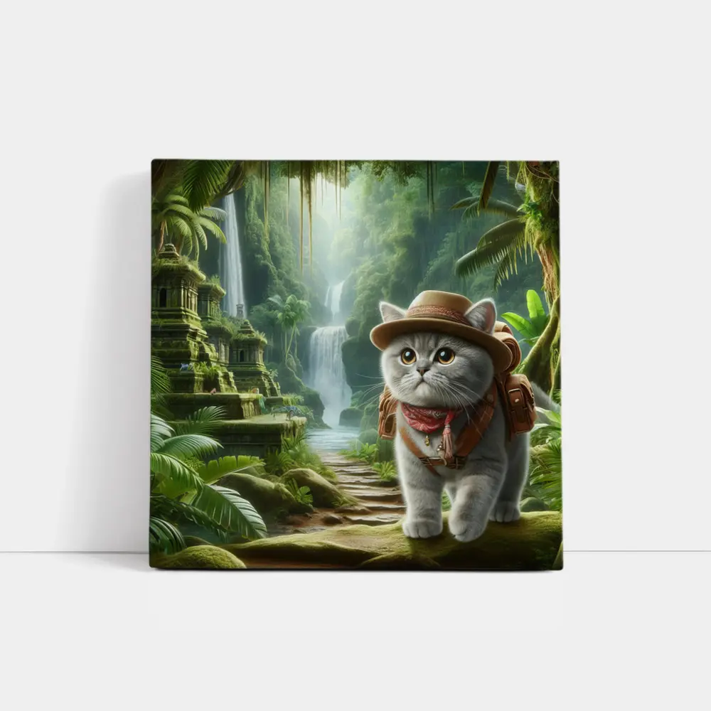 Gray Cat Explorer Jungle Waterfall Adventure – Wall Art