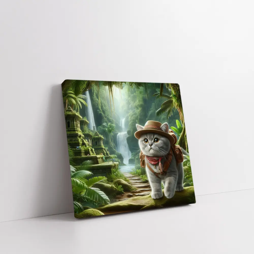 Gray Cat Explorer Jungle Waterfall Adventure – Wall Art