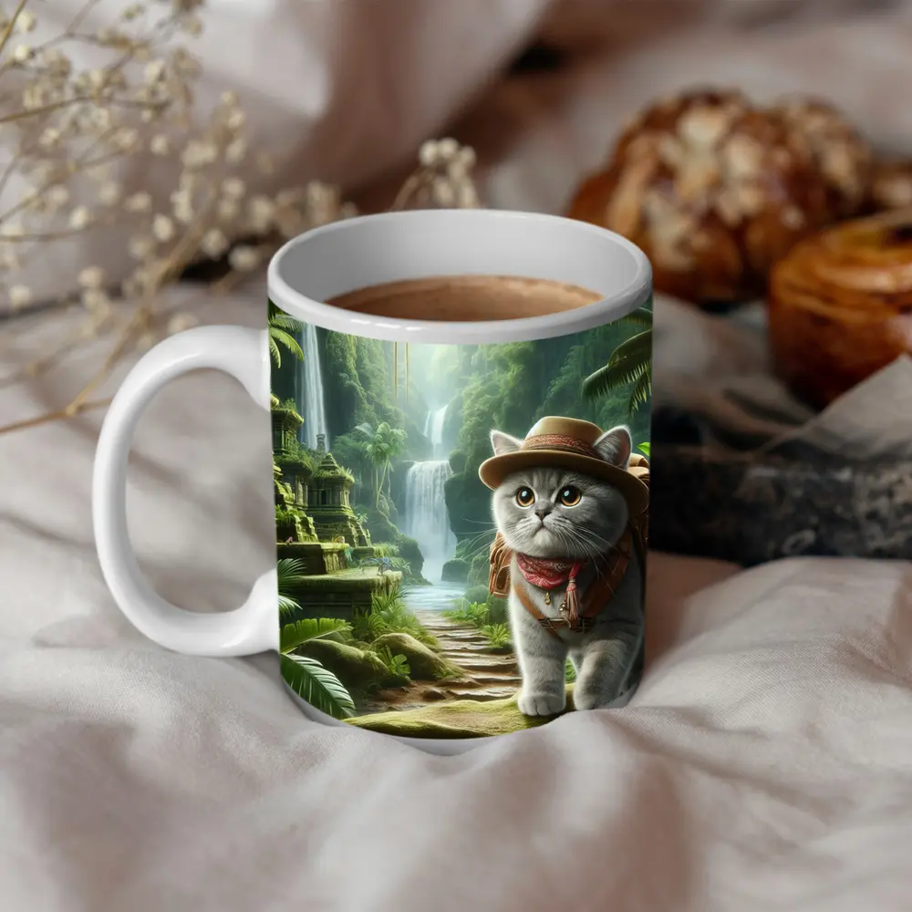 Gray Cat Explorer Jungle Waterfall Adventure – Mugs