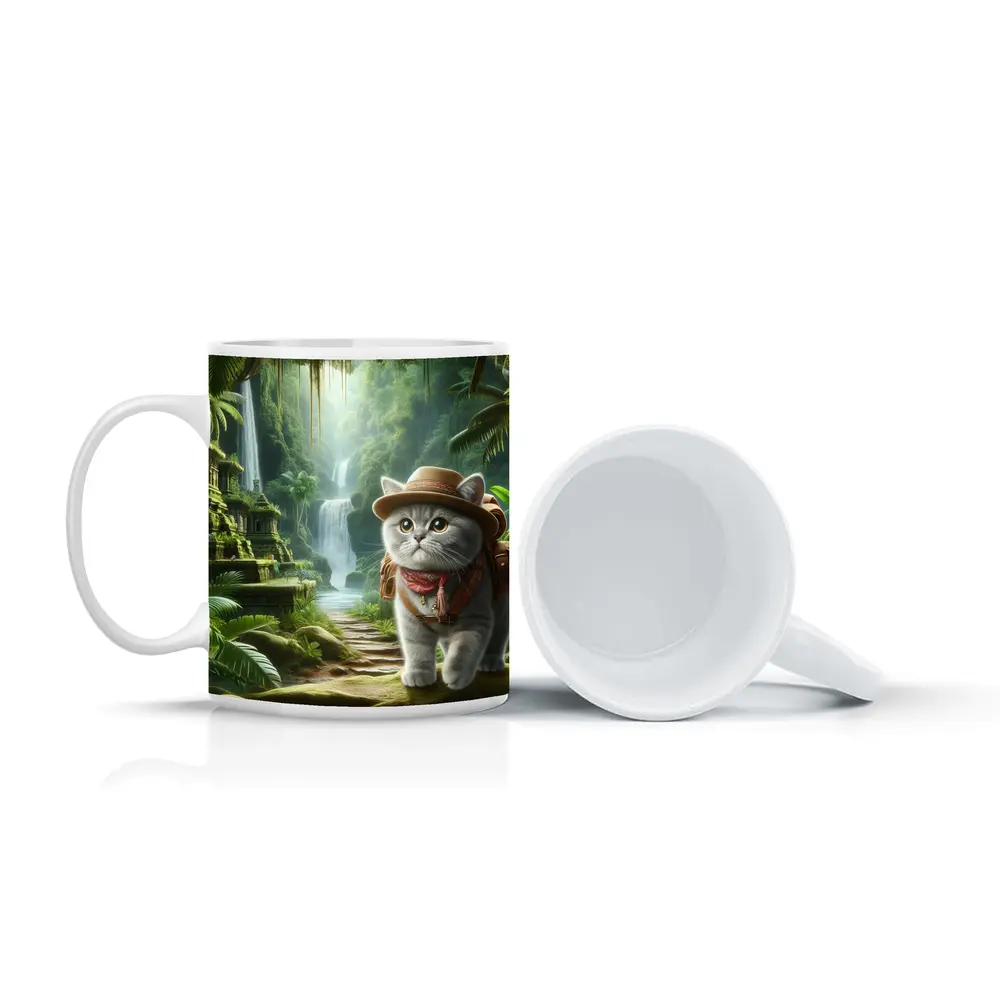Gray Cat Explorer Jungle Waterfall Adventure – Mugs