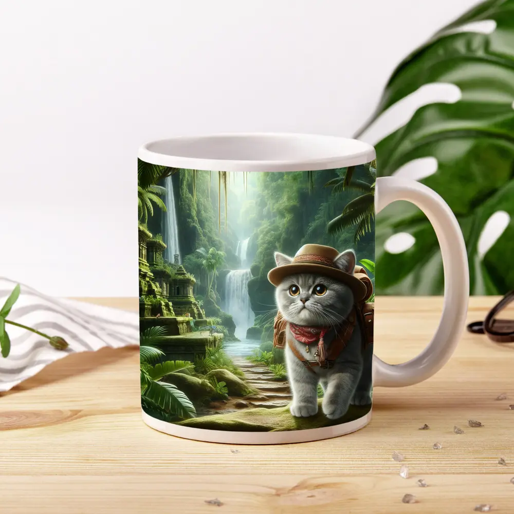 Gray Cat Explorer Jungle Waterfall Adventure – Mugs