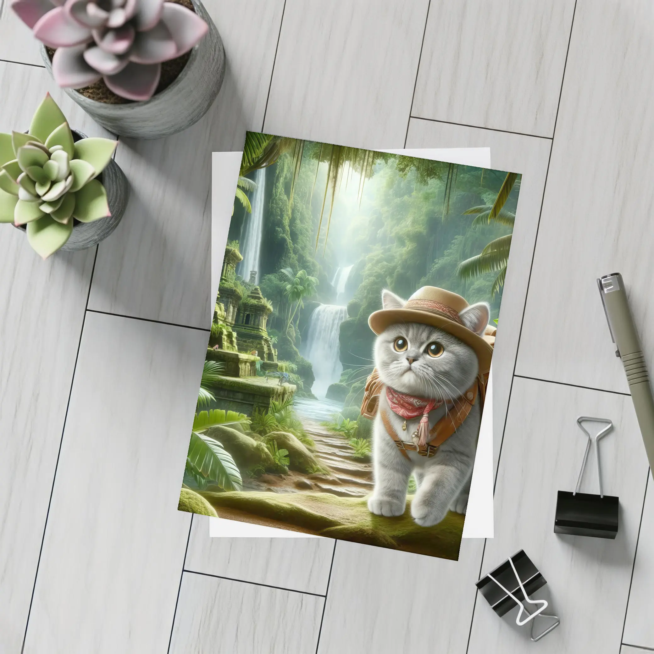 Gray Cat Explorer Jungle Waterfall Adventure – Postcards