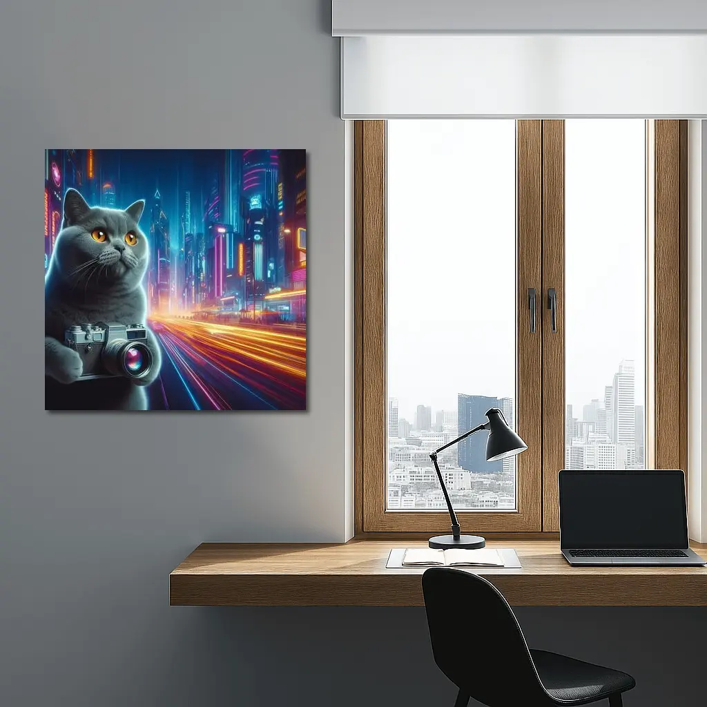 British Shorthair Cat Neon Cyberpunk City – Wall Art