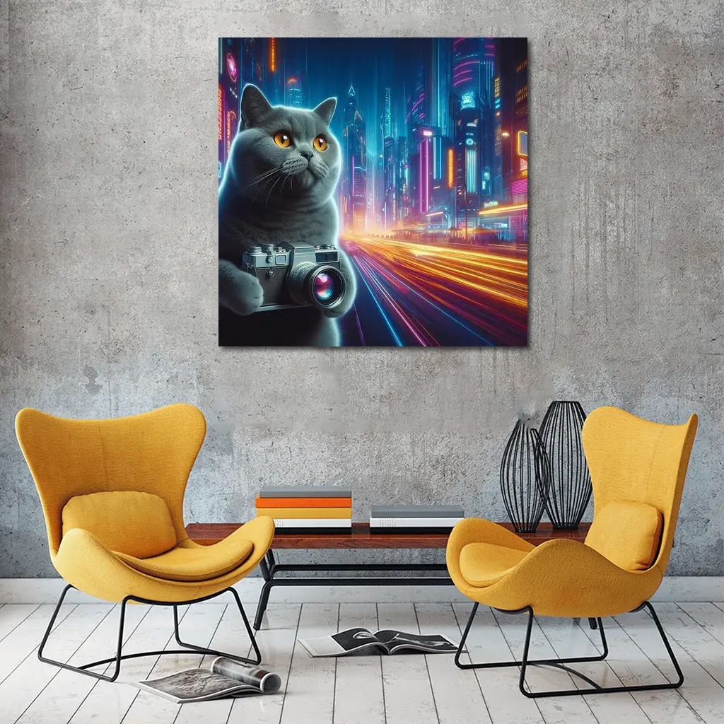 British Shorthair Cat Neon Cyberpunk City – Wall Art