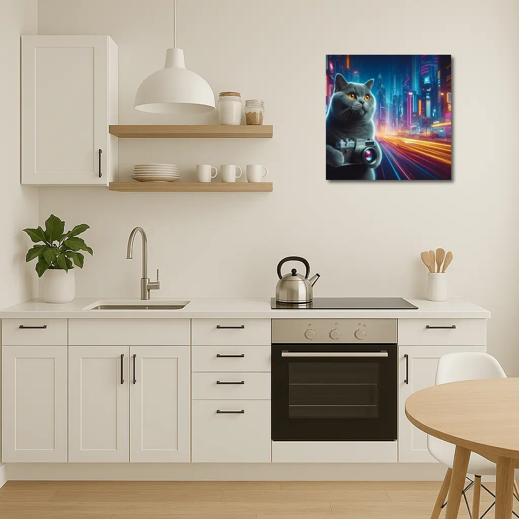 British Shorthair Cat Neon Cyberpunk City – Wall Art