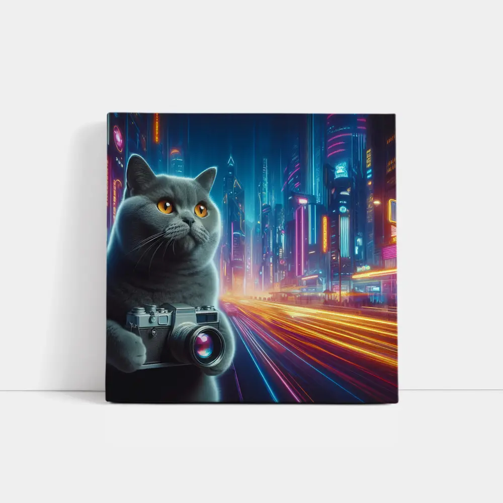 British Shorthair Cat Neon Cyberpunk City – Wall Art
