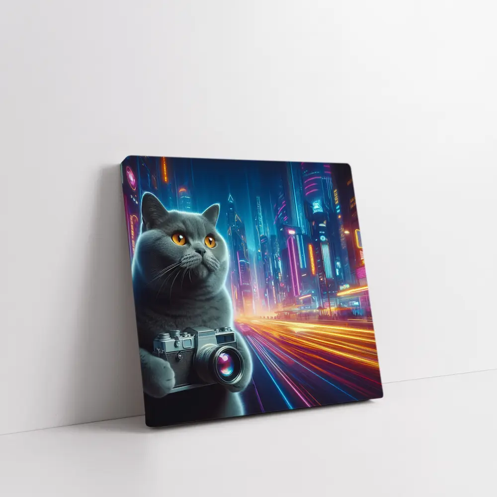 British Shorthair Cat Neon Cyberpunk City – Wall Art