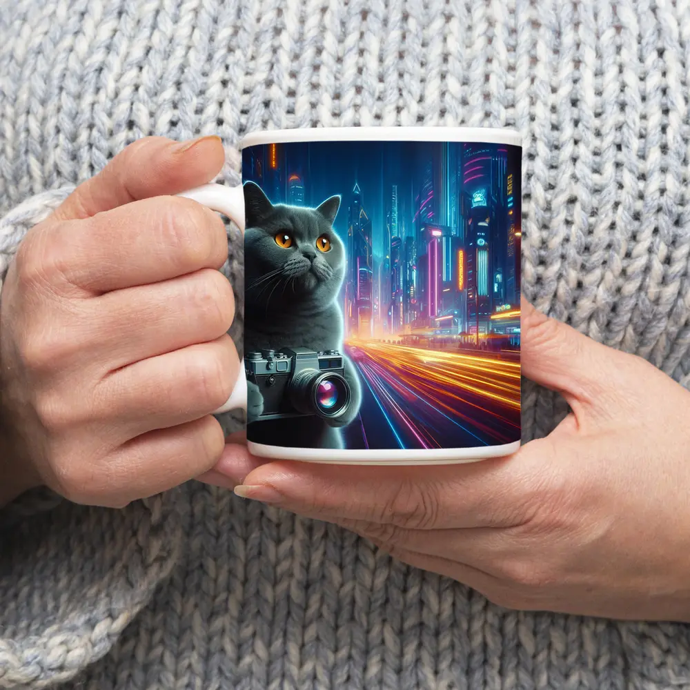 British Shorthair Cat Neon Cyberpunk City – Mugs