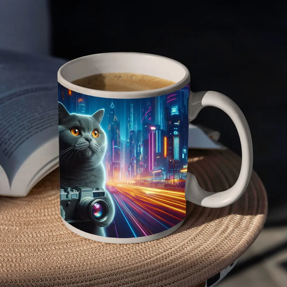 British Shorthair Cat Neon Cyberpunk City – Mugs
