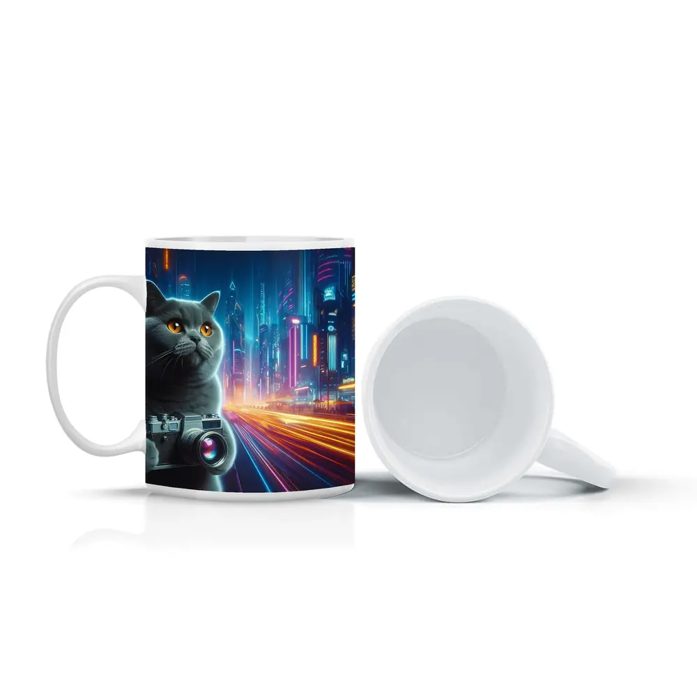 British Shorthair Cat Neon Cyberpunk City – Mugs