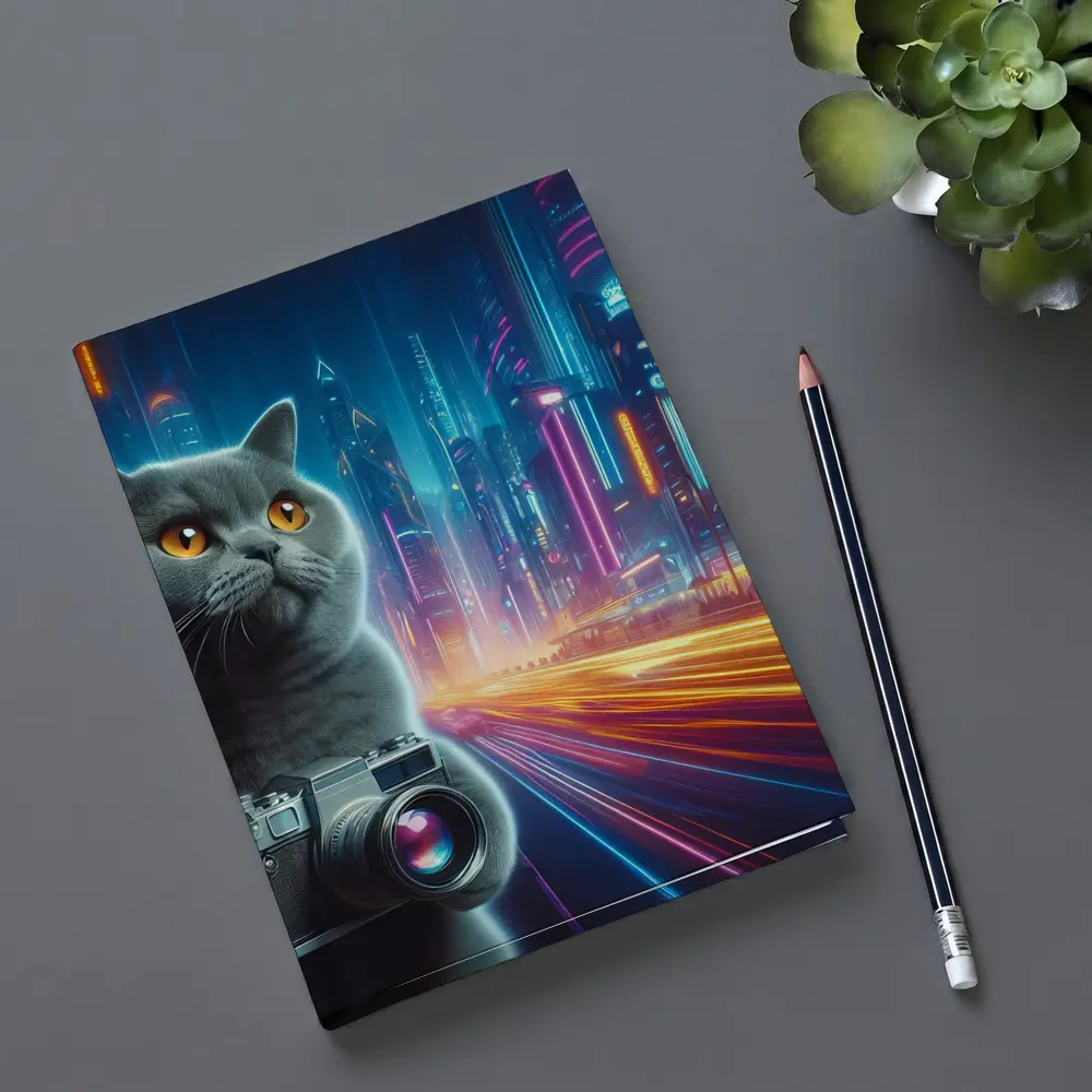 British Shorthair Cat Neon Cyberpunk City – Notebooks