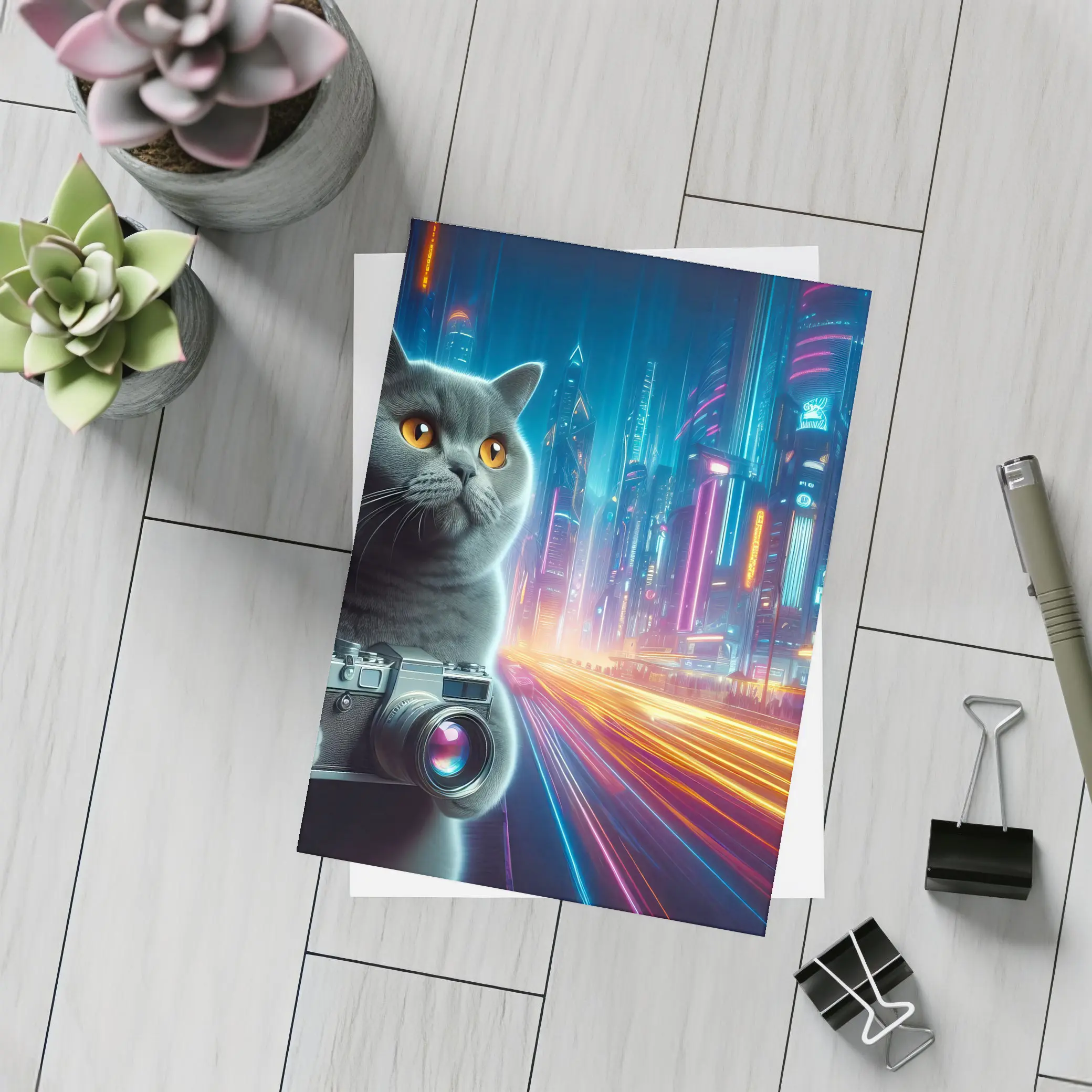 British Shorthair Cat Neon Cyberpunk City – Postcards