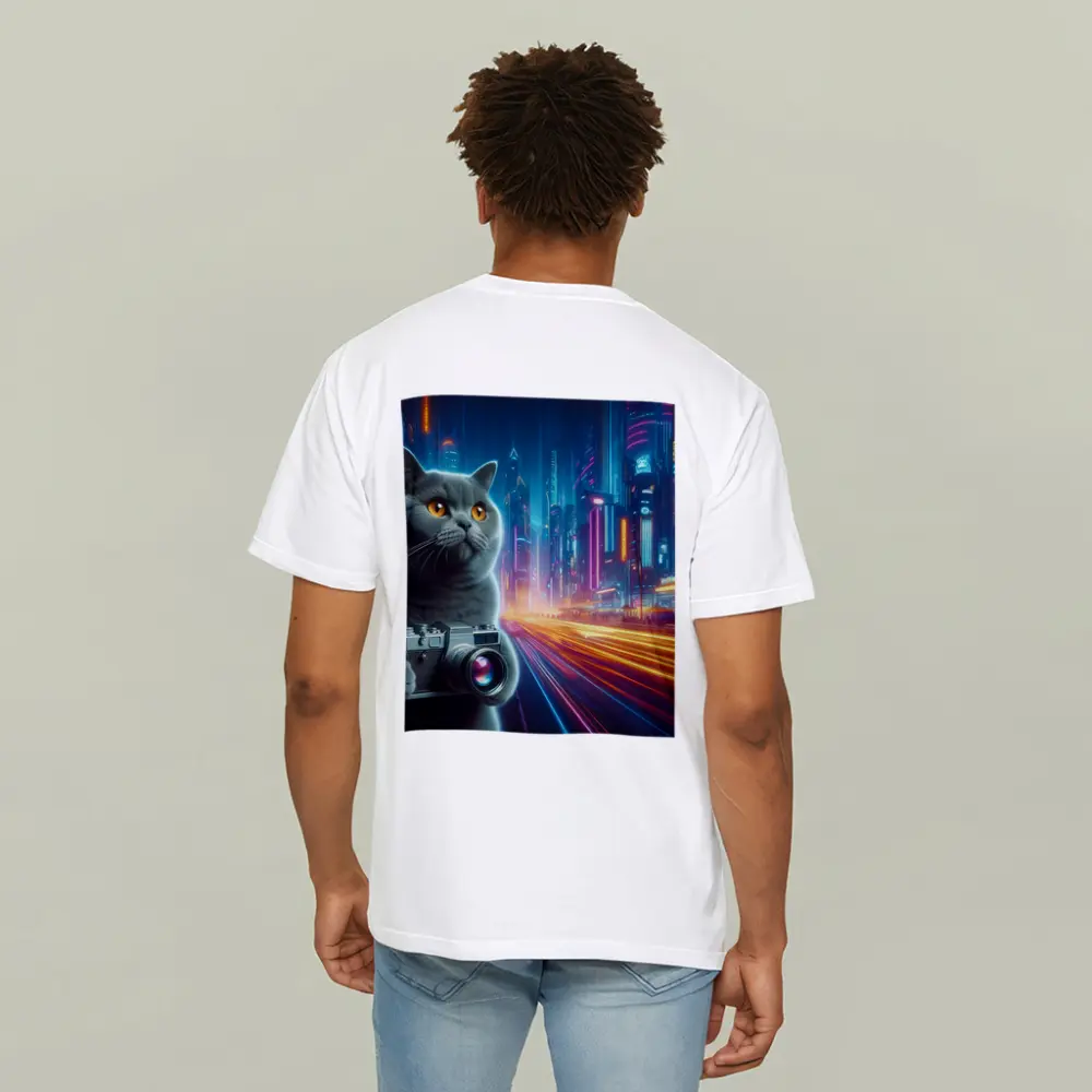 British Shorthair Cat Neon Cyberpunk City – T-Shirts