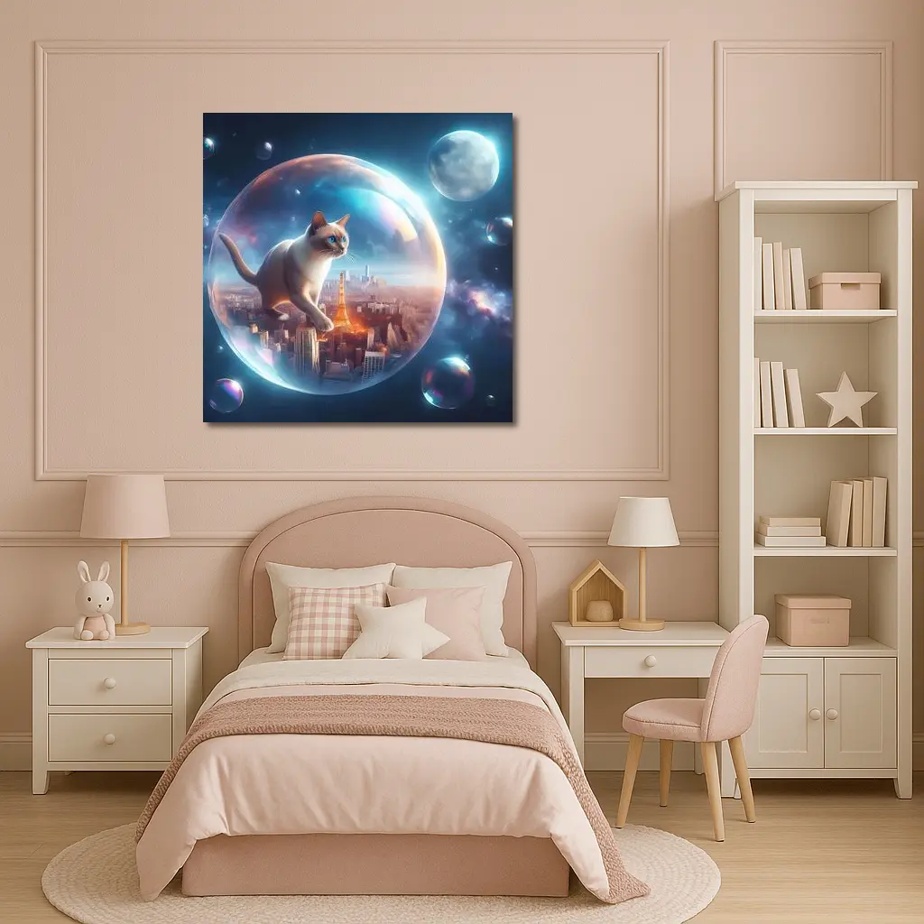 Siamese Cat Floating City Space Bubble – Wall Art