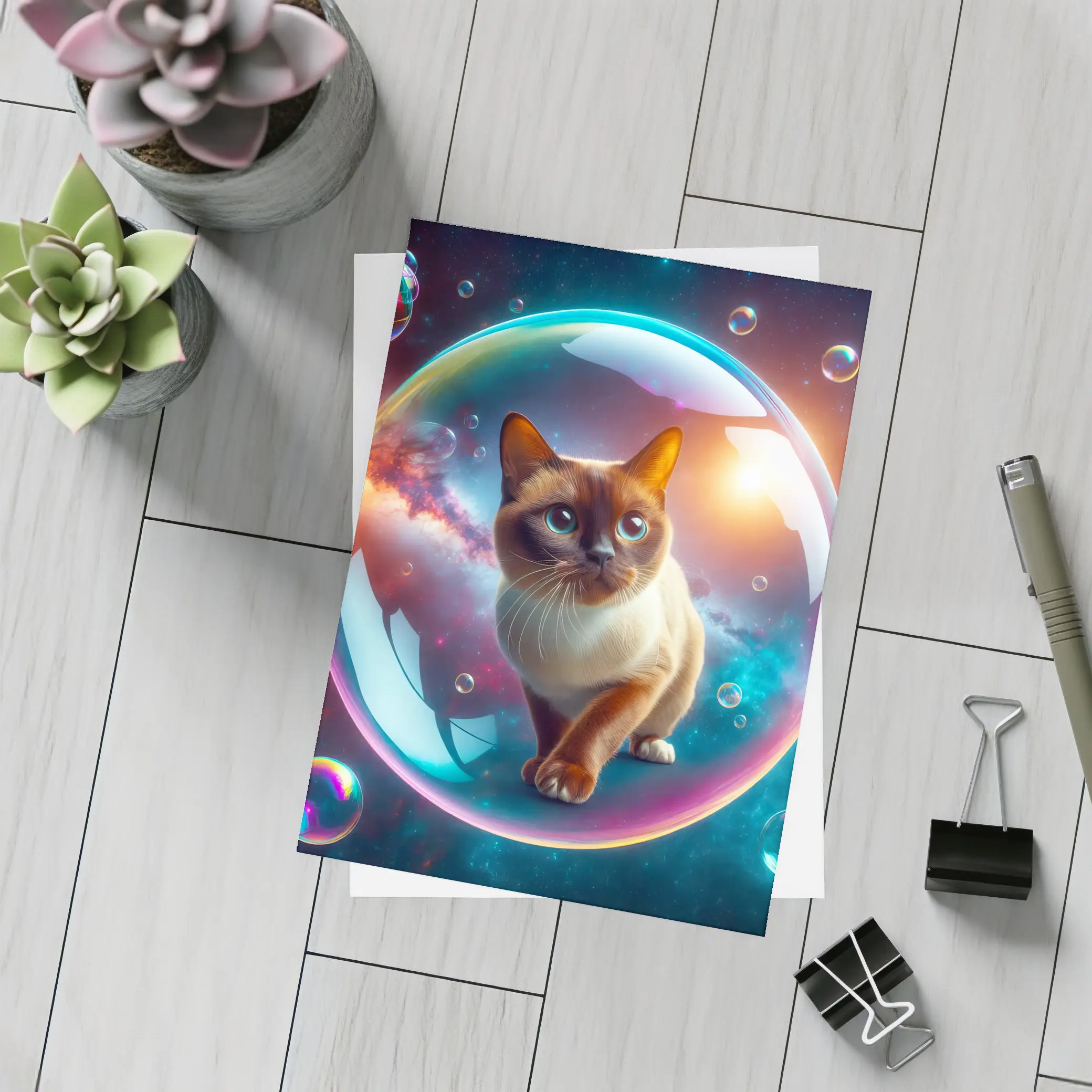 Burmese Cat Inside Iridescent Bubble Space – Postcards