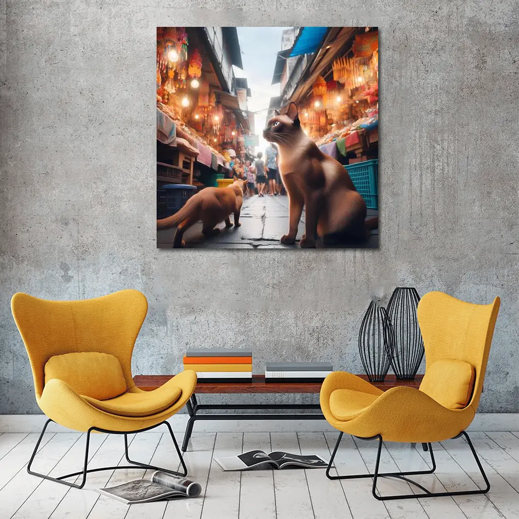 Siamese Cats at Colorful Asian Street Market – Wall Art