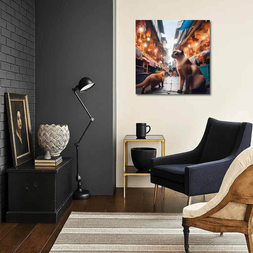 Siamese Cats at Colorful Asian Street Market – Wall Art