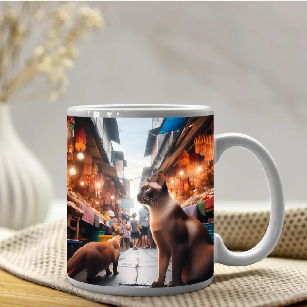 Siamese Cats at Colorful Asian Street Market – Mugs