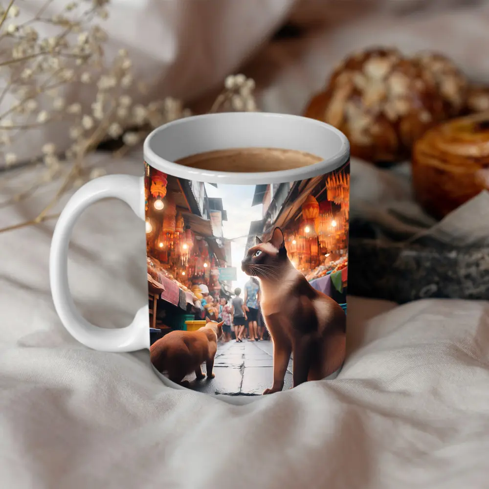 Siamese Cats at Colorful Asian Street Market – Mugs