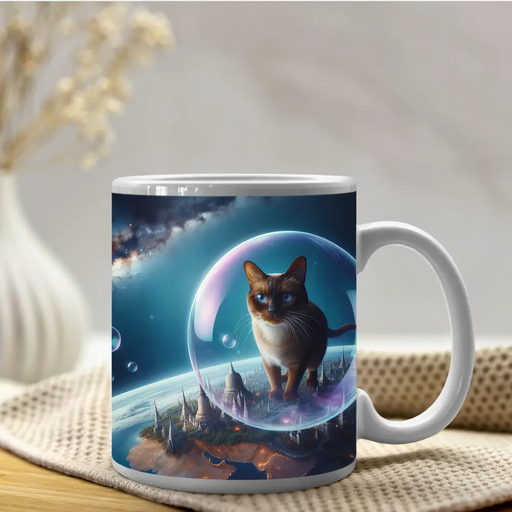 Burmese Cat Floating Space Fantasy Cityscape – Mugs