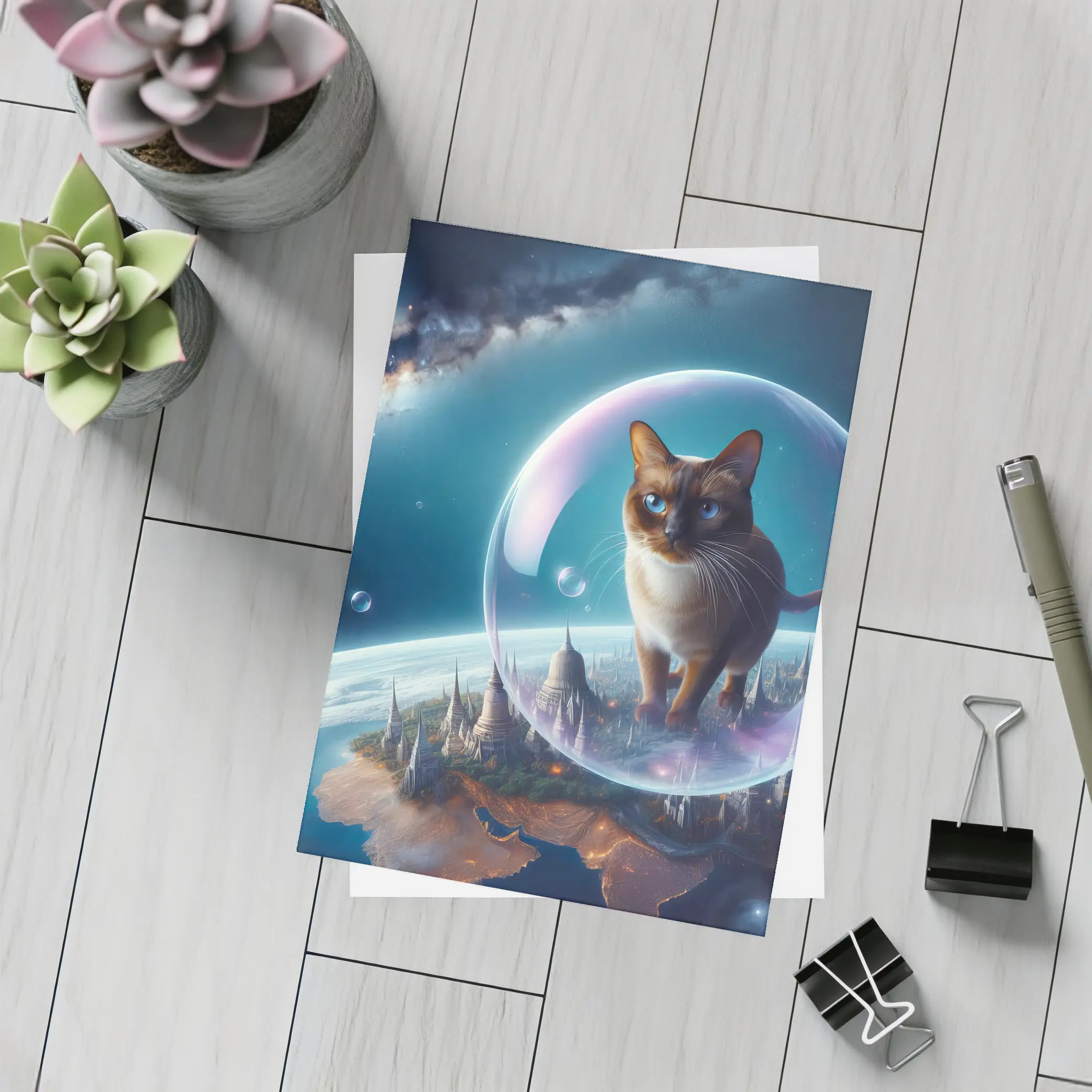 Burmese Cat Floating Space Fantasy Cityscape – Postcards