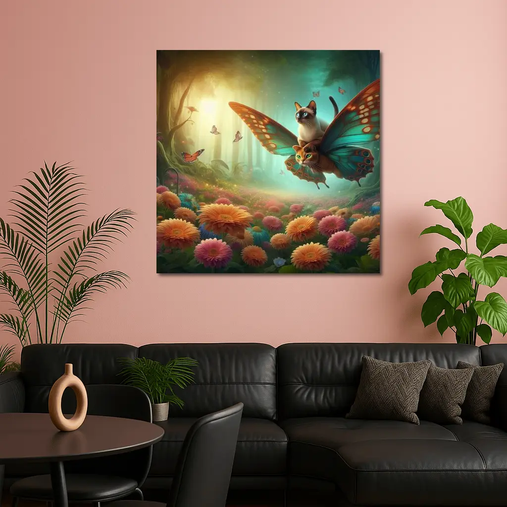 Siamese Cats Butterfly Wings Fantasy Flower Garden – Wall Art