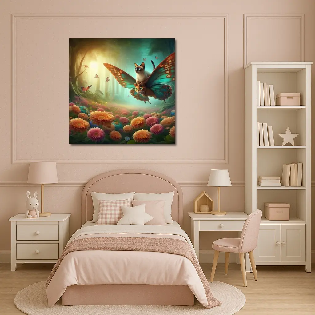 Siamese Cats Butterfly Wings Fantasy Flower Garden – Wall Art
