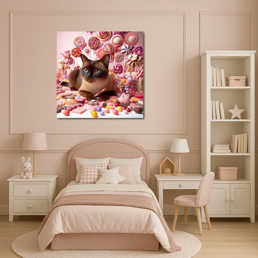 Burmese Cat Surrounded By Colorful Candy – Wall Art