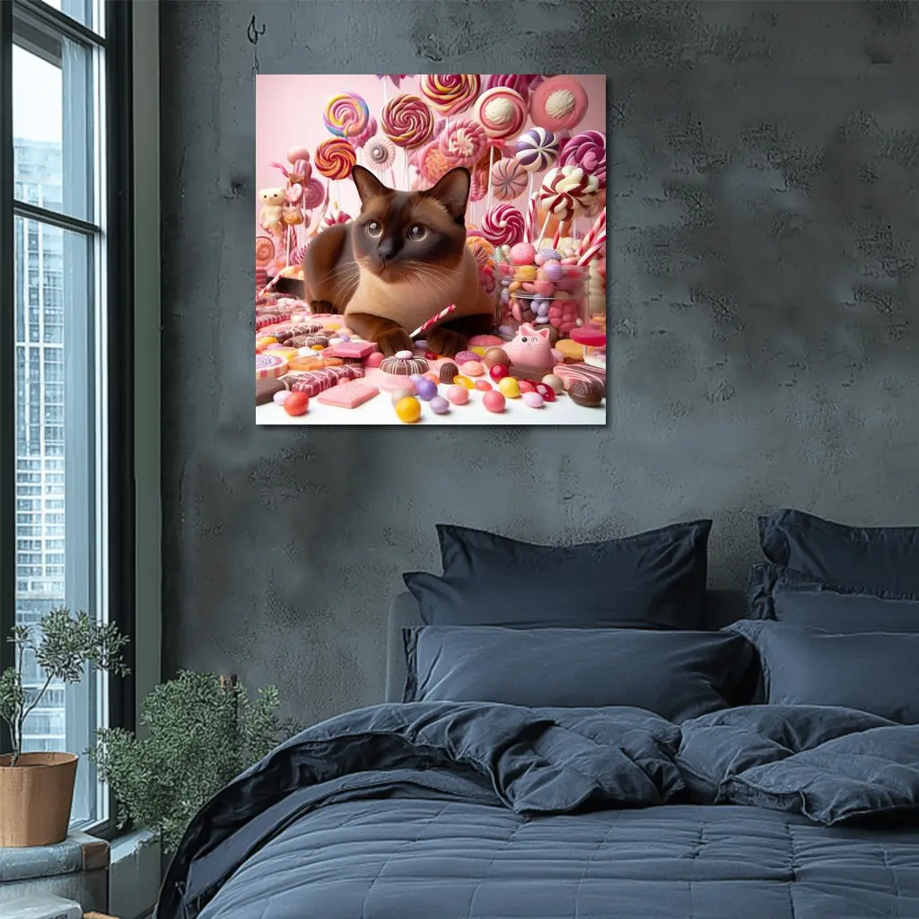 Burmese Cat Surrounded By Colorful Candy – Wall Art